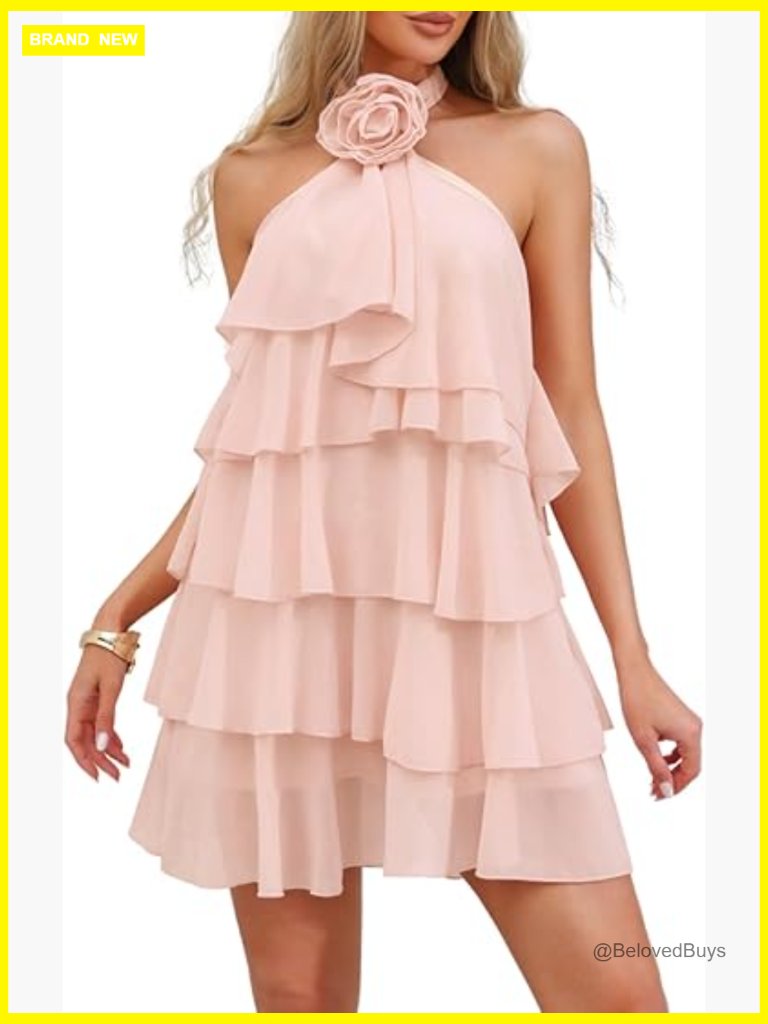 Chiffon Halter Neck Mini Dress Tiered Ruffle Backless Sexy Party Dress